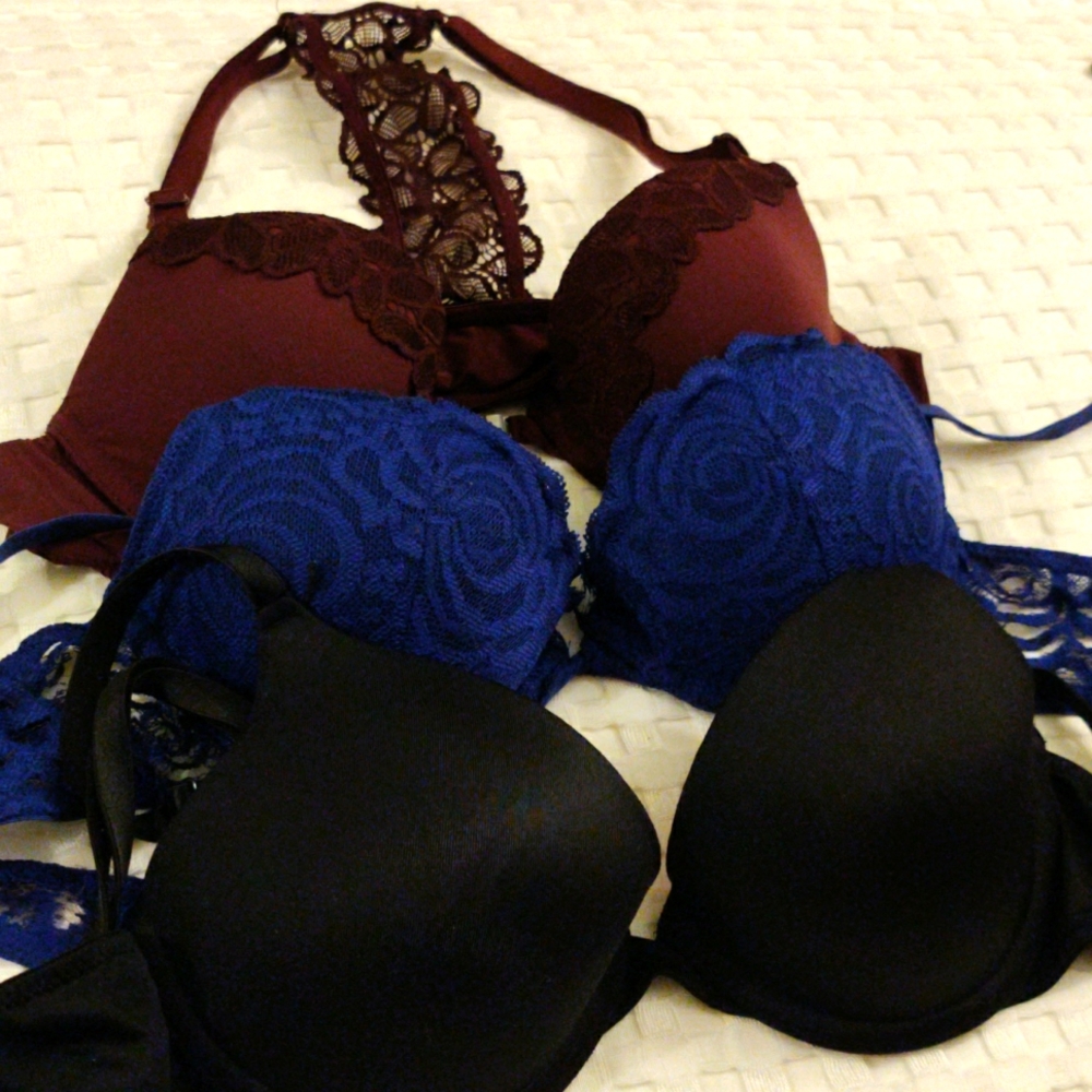 Bras bundle of 3, all size 34A: black, dark red, and dark blue, used, no defect